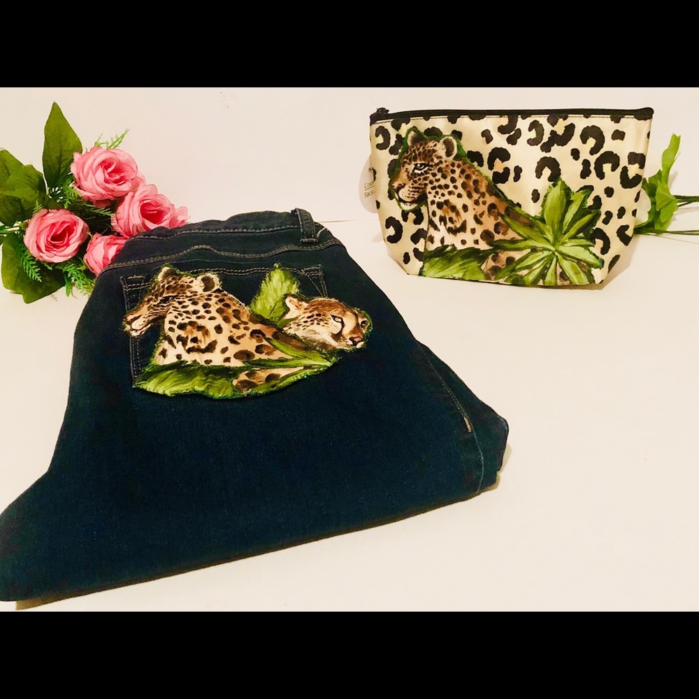 Custom Leopard Jean & Makeup Bag Set